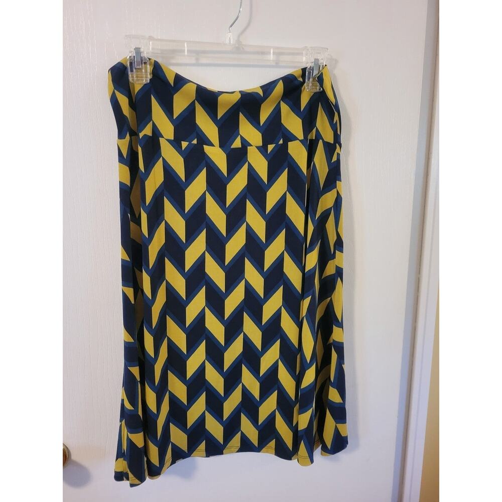Lularoe Large Azure Skirt Chevron Navy Blue Yellow Knee Length
